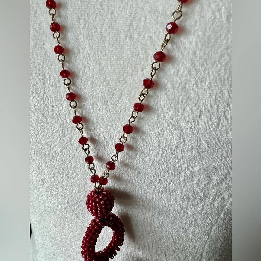 NEW! Long Gold Necklace with Red Beads and Tassel 40”